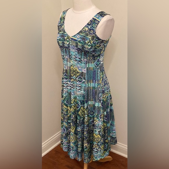 Creation Blue Turquoise Green Aztec Tribal Print Sleeveless Swing Midi Dress S - Picture 5 of 12
